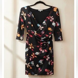 JLO Jennifer Lopez Black Floral Surplice Wrap Dress Ruched Cocktail Career Small